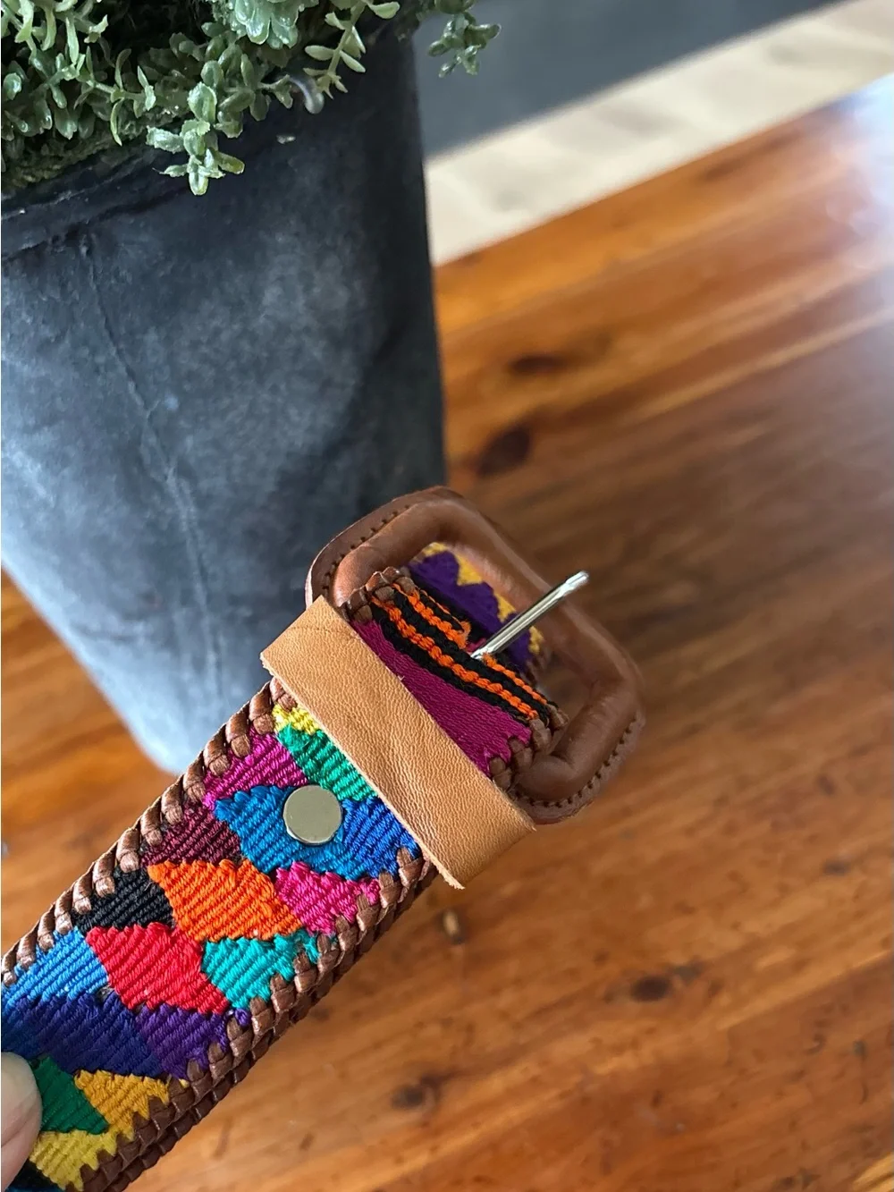 Handmade Guatemala Embroidered Textile Belt, Leather, Unisex, Artisan Vibrant 36